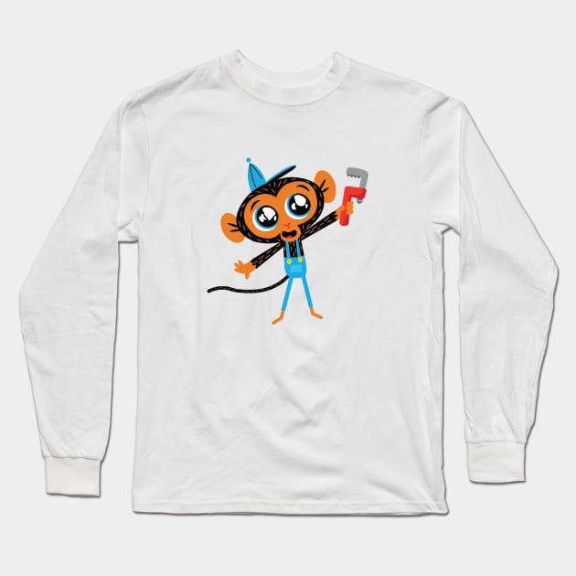 Mr. Monkey and His Trusty Monkey Wrench Long Sleeve T-Shirt by RockabyeBillie